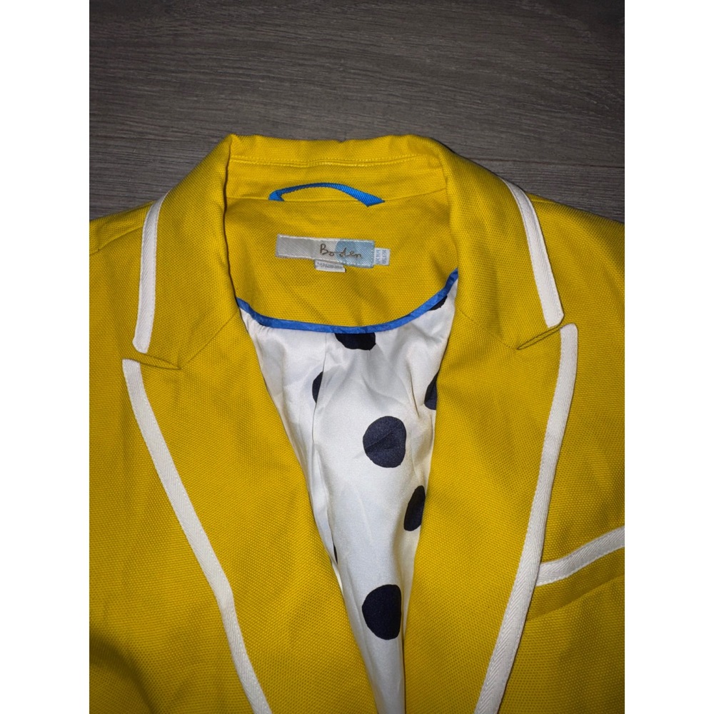 Boden Yellow Cotton Blazer White Contrast Piping Polka Dot Lining Size 14R - Picture 3 of 5